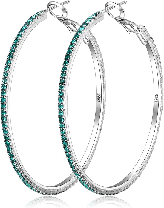 925 Sterling Silver Earrings Large Rhinestone Hoop Earrings Big Cubic Zirconia Hoop Earrings Thin Rhinestones Round Hoop Earrings for Women 20/30/40/50/60/70mm Sparkly Hoops With Crystals for Womens