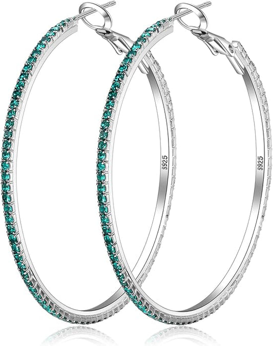 925 Sterling Silver Earrings Large Rhinestone Hoop Earrings Big Cubic Zirconia Hoop Earrings Thin Rhinestones Round Hoop Earrings for Women 20/30/40/50/60/70mm Sparkly Hoops With Crystals for Womens