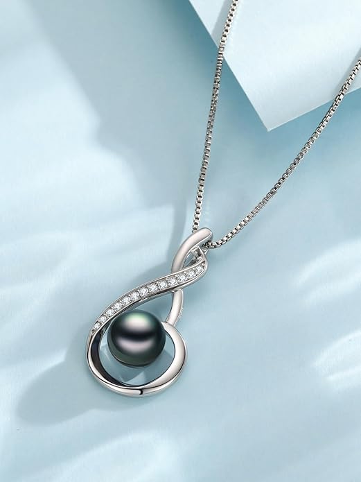 KANNSOAR Tahitian Black Pearl 18K White Gold Plated Sterling Silver Heart Pendant Necklace for Women Wife Mom Girlfriend Valentine Jewelry Gift for Mother Day Wedding Anniversary Birthday