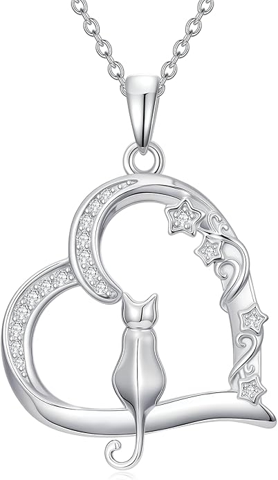Cat Gifts for Women 925 Sterling Silver Heart Moon Cat Necklace Pendant Women Jewelry Halloween Christmas Gifts