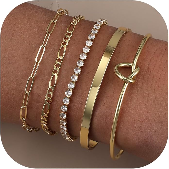 AOZEL Gold Plated Bracelets for Women Stack,Bangle Cuff Bracelet Set Non Tarnish Jewelry for Women Trendy