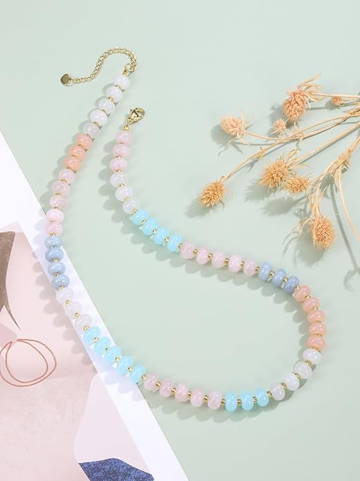 CrystalTears Beaded Gemstone Necklace for Women, Womens Colorful Boho Stone Bead Choker Necklace, Handmade Natural Crystal Stone Summer Beach Jewellery Gifts for Women Mom Christmas