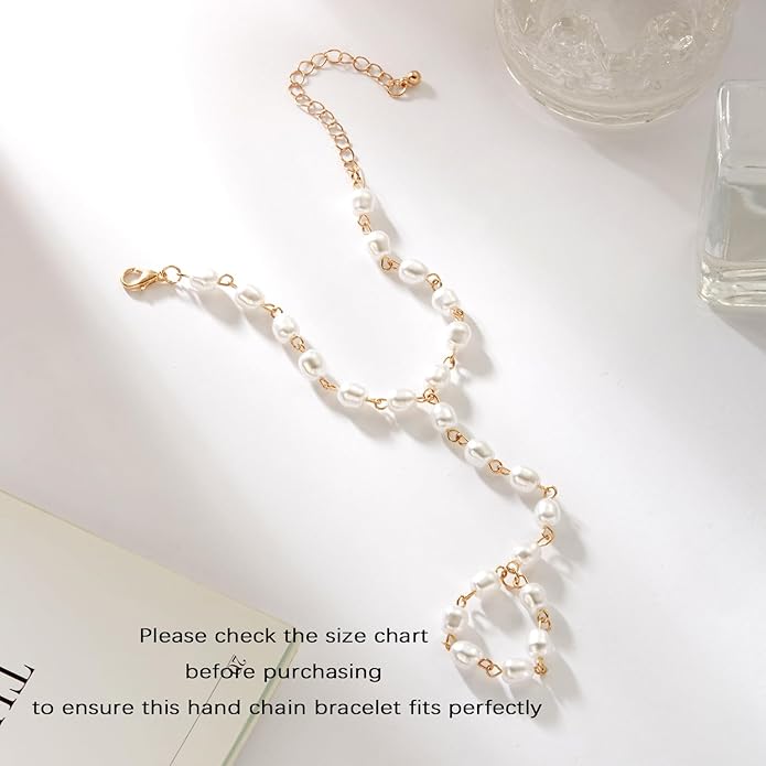 BELLA-Bee Gold Hand Chain Bracelet for Women Dainty Adjustable Gold Ring Bracelet Hand Chain Trendy Pearl Finger Bracelet Cubic Zirconia Hand Jewelry Fashion Body Chain Accessories