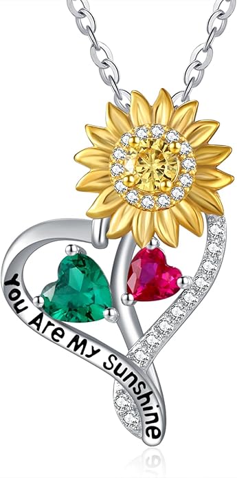 Zeuslia Double Birthstone Necklace Gifts for Wife - 925 Sterling Silver Sunflower/Rose/Crown Cross/Compass/Heart Pendant I Love You Necklace, Anniversary Birthday Gifts for Wife Girlfriend Mom Her