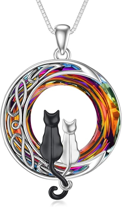 TOUPOP Christmas Cat Gifts for Cats Lovers One Two Three Four Cats Necklace Sterling Silver Cats on the Moon Pendant Necklace with Blue Circle Crystal Birthday Christmas Celtic Jewelry Gifts for Women