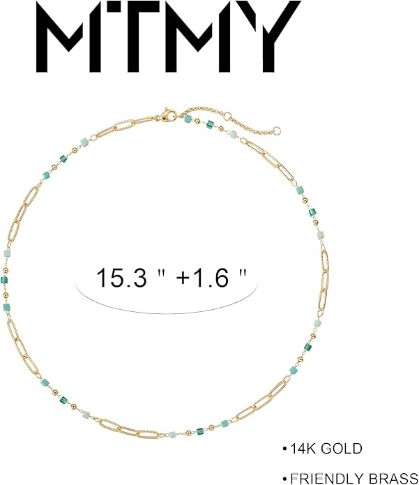 MTMY Beaded Necklaces for Women 14K Gold Plated Dainty Colorful Green/Rose Beaded Pearl Choker Necklace Delicate Boho Choker Necklace Jewelry Gift