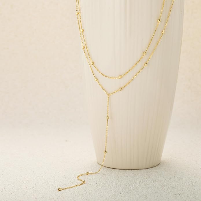 Foxgirl Lariat Gold Necklace for Women, Dainty Long Necklace 14k Gold Plated/Silver Y-Shaped Pendant Necklace Trendy Layered Cz Beaded Chain Drop Necklaces Simple Gold Jewelry For Women Gift