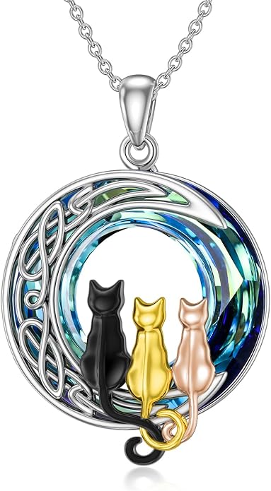 TOUPOP Christmas Cat Gifts for Cats Lovers One Two Three Four Cats Necklace Sterling Silver Cats on the Moon Pendant Necklace with Blue Circle Crystal Birthday Christmas Celtic Jewelry Gifts for Women