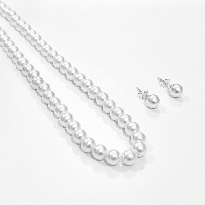 Gold Jewelry Set for Women - Dainty 14K Gold/Silver Plated Pearl Choker Necklace, Drop Earrings & Bracelets - Wedding Trendy Pearl Jewelry Gift