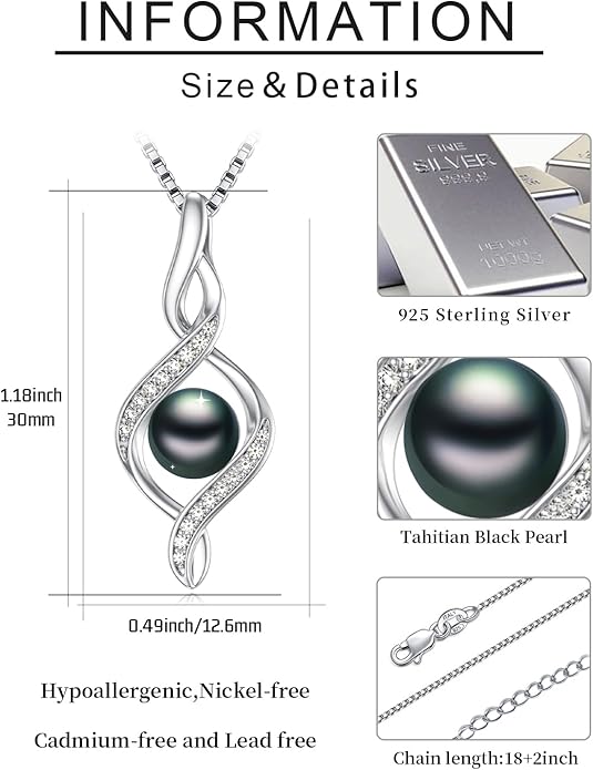 Tahitian Black Pearl Necklace Infinity Gifts for Women Wife Wedding Birthday Anniversary Jewelry Valentines Christmas Day Gifts 925 Sterling Silver