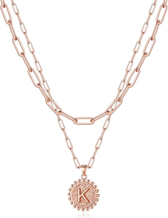 Yoosteel Gold Initial Necklaces for Women, 14K Gold Plated Dainty Layering Paperclip Link Chain Necklace Coin Initial Layered Necklaces for Women Personalized Birthday Gifts
