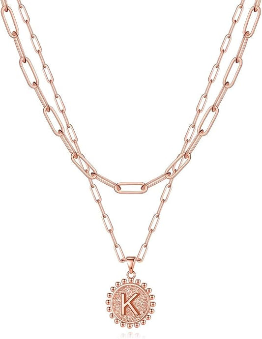 Yoosteel Gold Initial Necklaces for Women, 14K Gold Plated Dainty Layering Paperclip Link Chain Necklace Coin Initial Layered Necklaces for Women Personalized Birthday Gifts
