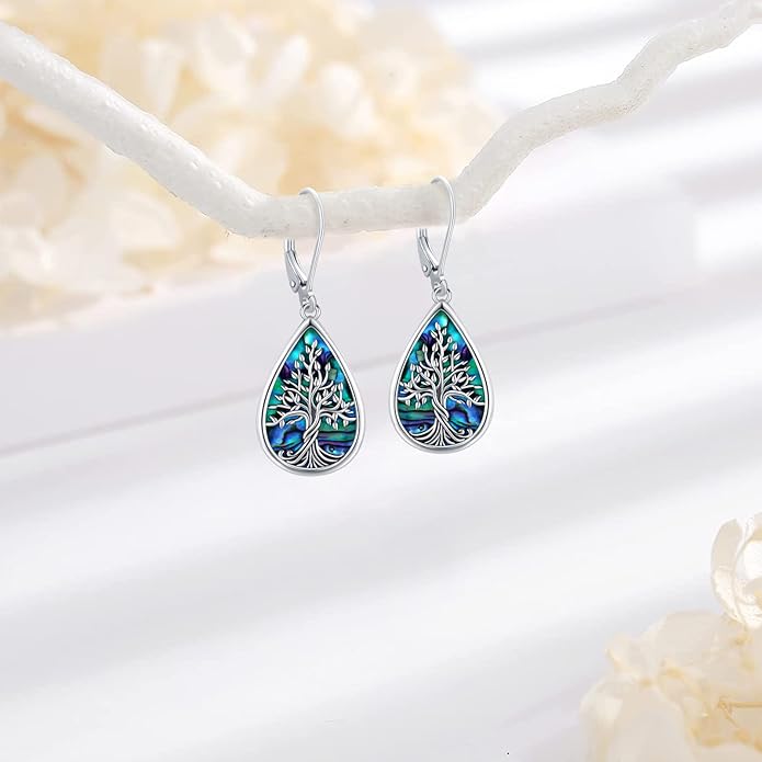 Sterling Silver Tree of Life/Flower/Bee/Animals/Cat/Hummingbird Dangle Earrings Moonstone Turquoise Drop Leverback Earrings Jewelry Gifts