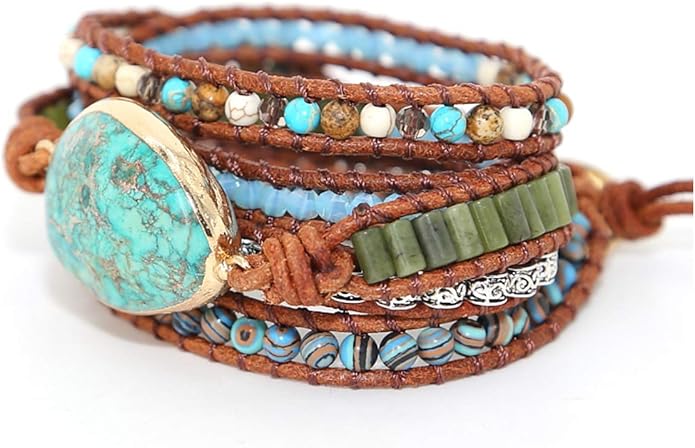 ZOSOJONA Boho Handmade Natural Stone Wrap Bracelets Turquoises Crystal Beads Bracelet Jewelry