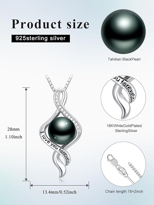 KANNSOAR Tahitian Black Pearl 18K White Gold Plated Sterling Silver Heart/Infinity/Four Leaf Clover Pendant Necklace Jewelry Gifts for Women Wife Mom Girlfriend Wedding Birthday Anniversary Christmas