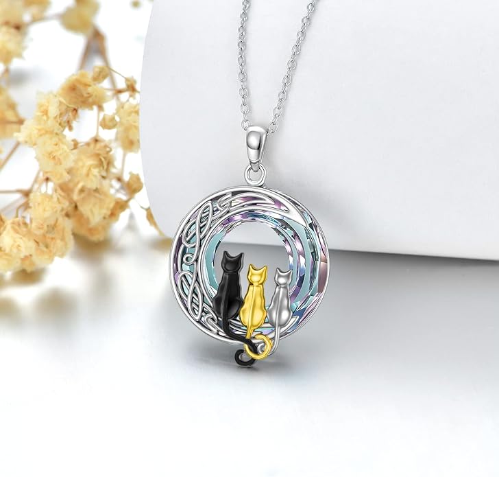 TOUPOP Christmas Cat Gifts for Cats Lovers One Two Three Four Cats Necklace Sterling Silver Cats on the Moon Pendant Necklace with Blue Circle Crystal Birthday Christmas Celtic Jewelry Gifts for Women