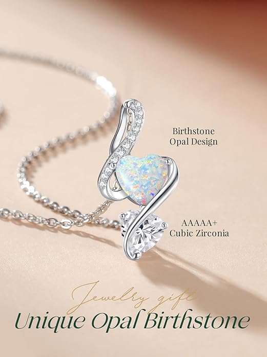 LOUISA SECRET 925 Sterling Silver Opal Birthstone Necklace, Unique Tiny Double Heart Pendant Jewelry, Engraved with "S925 I Love You" Best Birthday Gift for Women Wife Girlfriend Mom Her, Christmas Day Valentine's Day Anniversary Mother's Day