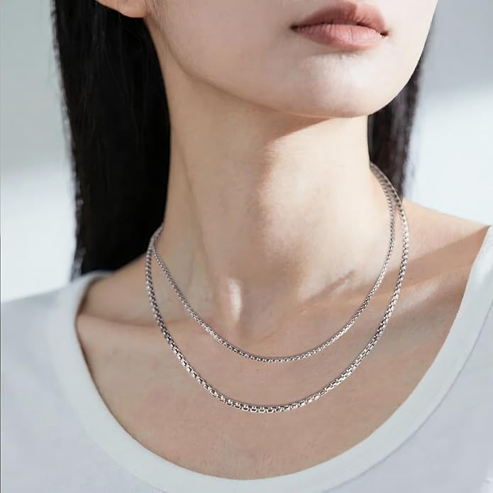 IGOBATA Stainless Steel Round Box Link Chain Necklace 2mm/2.5mm/3mm/4mm/5mm Silver Tone Hypoallergenic Jewelry for Men and Women with Lobster Clasp 16 to 30 Inch
