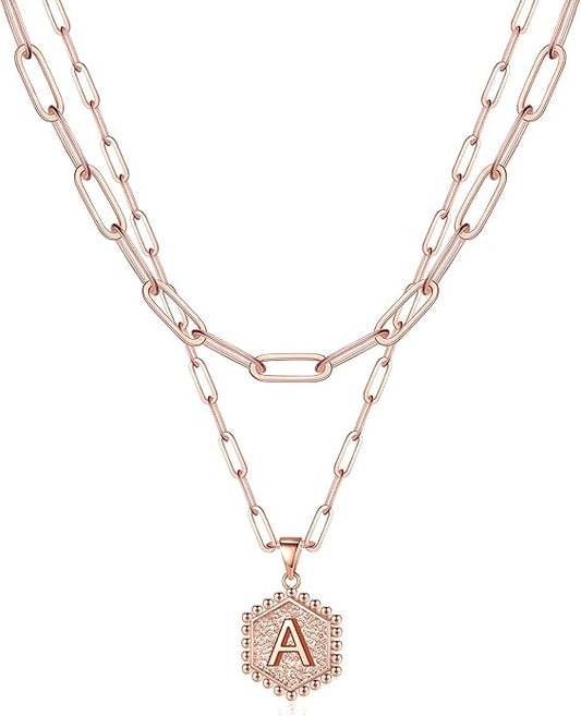 M MOOHAM Dainty Initial Necklaces for Women - Layering Necklace for Women Cute Hexagon Letter Initial Necklace Layered Necklaces for Womens Gifts