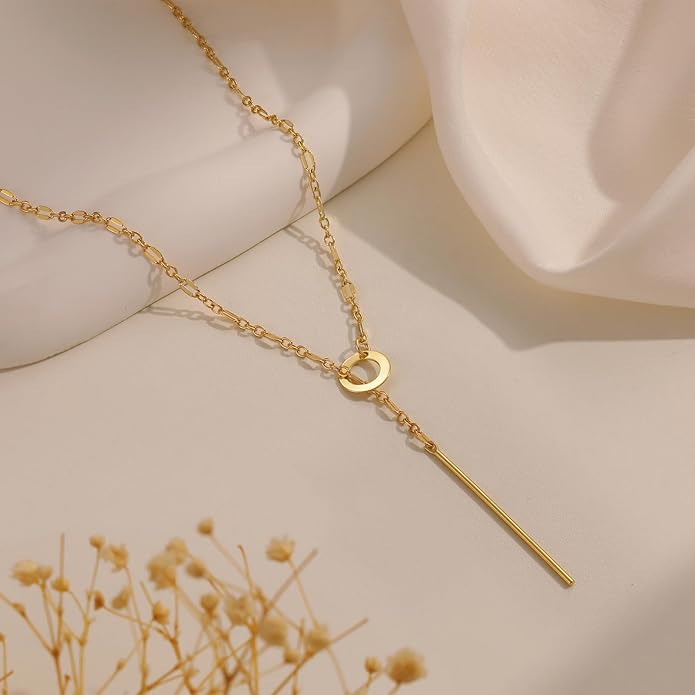 Lariat Necklaces for Women - Dainty Long Necklace Trendy 14K Gold Plated Hypoallergenic Layered Long Y-Shape Sunburst CZ T-Bar Pendant Drop Chain Necklace Set for Women Non Tarinsh Jewelry Gift