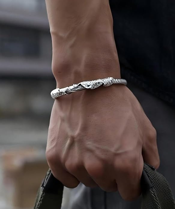 Kim Carrey S925 Sterling Silver Bracelet, Open Bangle Cuff Design, Men's Stacked Bracelets Gift Jewelry for My Man