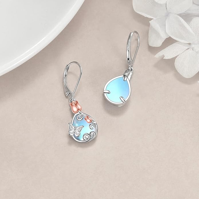 AOBOCO Butterfly/Dragonfly/Bee/Ladybug Leverback Earrings 925 Sterling Silver Rose Lotus Tulip Flower Filigree Dangle Earrings Teardrop Moonstone Larimar Turquoise Abalone Shell Jewelry Birthday Gifts for Women