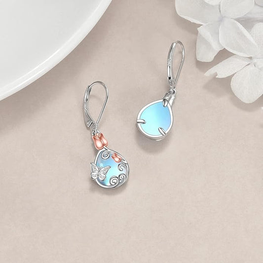 AOBOCO Butterfly/Dragonfly/Bee/Ladybug Leverback Earrings 925 Sterling Silver Rose Lotus Tulip Flower Filigree Dangle Earrings Teardrop Moonstone Larimar Turquoise Abalone Shell Jewelry Birthday Gifts for Women