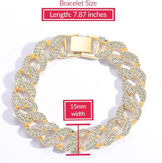 EMESLY Miami Cuban Link Chain 14K Gold Plated Necklace (16, 18, 20, 22, 24, 30 Inches Length); Hip Hop Bracelet (8" Length) for Men & Women; Perfect Iced Out Bling Jewelry Gift