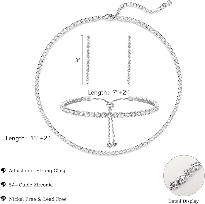 Tennis Necklace Bracelet for Women, Sterling Sliver, Dainty Chocker Necklace, Crystal Bracelet for Women, Wedding Jewelry for Bride, Sparkly Party Prom Hypoallergenic