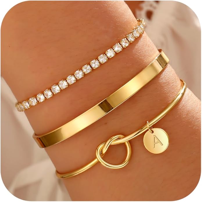 Gold Initial Bracelets for Women - Dainty Gold Bangles Bracelets for Women Personalized Initial Bracelet Stackable Gold Knot Cuff Tennis Bracelet Gold Jewelry Bridesmaid Proposal Wedding Gifts