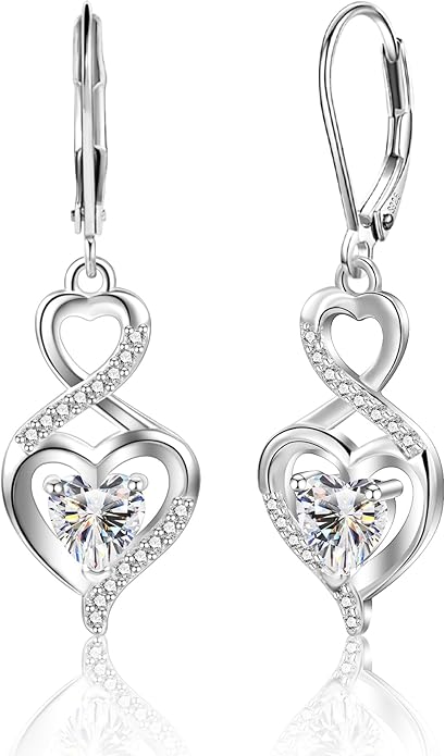 Sterling Silver Dangle Earrings for Women Trendy Hypoallergenic Leverback Silver Drop Earrings with Cubic Zirconia Double Twisted Infinity Heart Ball Charm Dangle Drop Earring Jewelry