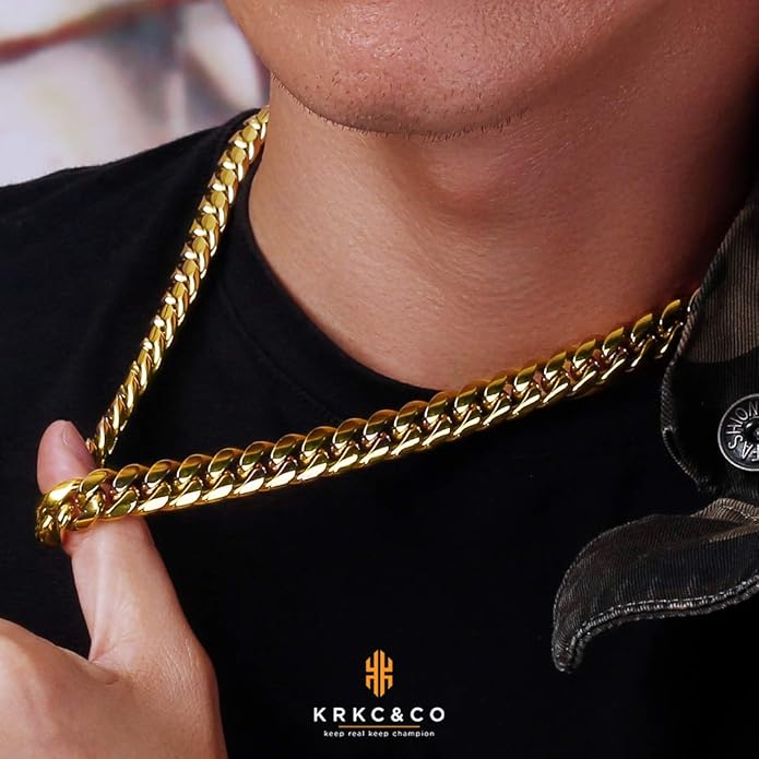 KRKC&CO Cuban Link Chain for Men 8/10/12/14mm, Brithday Gift for Men, 18k Gold Miami Necklace, Durable, Anti-Allergies Hip Hop Jewelry for Mens