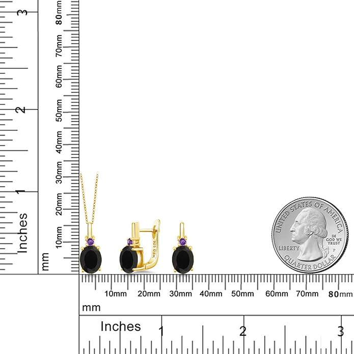 Gem Stone King 4.95 Ct Black Onyx Purple Amethyst 18K Yellow Gold Plated Silver Pendant and Earrings Jewelry Set