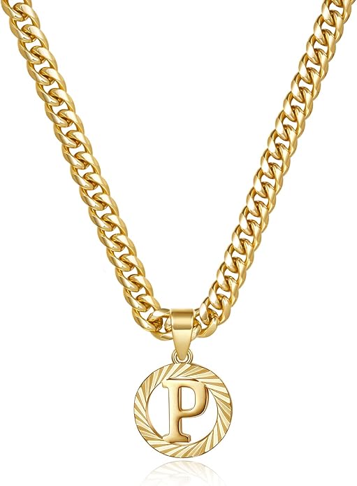KissYan Gold Initial Necklace,14K Gold Plated Round Letter Pendant Hollow Capital Monogram 5mm Cuban Chain Necklace Alhpabets from A-Z Dainty Jewelry for Women Men