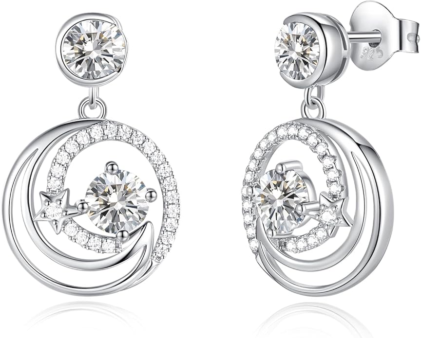 FANCIME Dangle Drop Earrings 925 Sterling Silver Moon Star Round Gemstone Birthstone Jewelry Birthday Christmas Gifts for Her Women