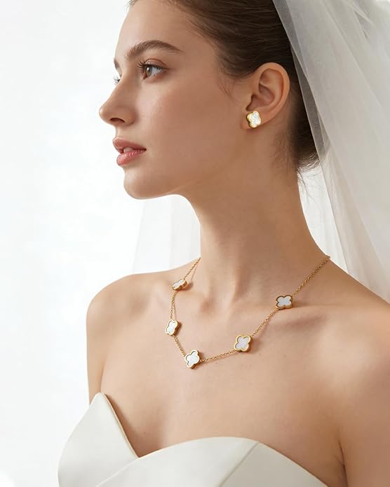 Aimétte Monette 18K Gold Plated Jewelry Set Clover Necklace Stud Earrings for Women Hypoallergenic Lucky Clover Pendant Necklace Gold Bracelets for Women Gifts