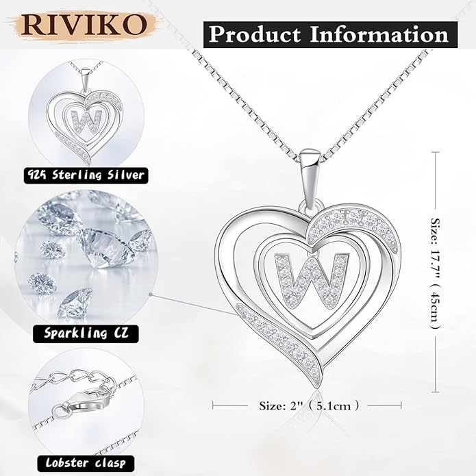 RIVIKO Heart Initial Necklace for Women, 925 Sterling Silver Letter Pendant,Personalized Charm Alphabet Jewelry Valentines Mother's Day Anniversary Christmas Birthday Gifts for Women Her Mom Wife