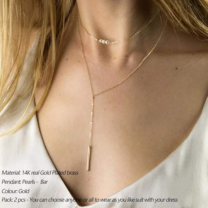 Turandoss Dainty Layered Choker Necklace, Handmade Y Pendant Necklace Multilayer Bar Disc Necklace Adjustable Layering Choker Necklaces for Women