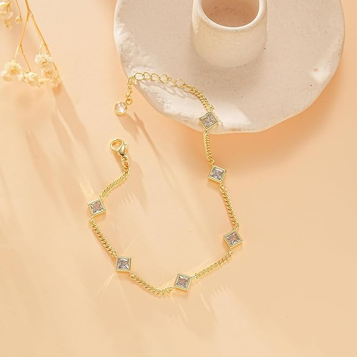 Gold Bracelets for Women,14K Dainty Gold Plated Bracelets Non Tarnish Waterproof Diamond Bracelets Heart Flower Round Square CZ Charm Bracelet Trendy Stuff Jewelry Gifts for Her