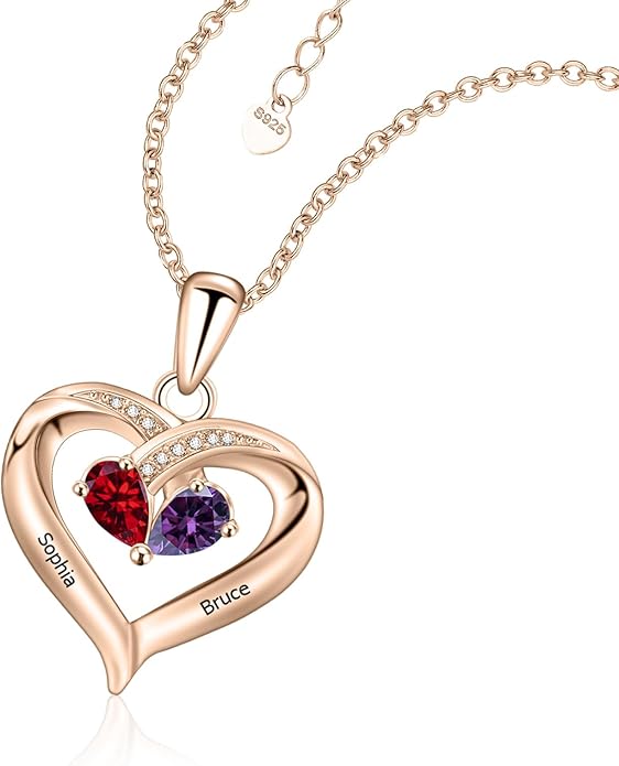 JOBFLY S925 Sterling Silver Customized 2 Birthstone Heart Necklace with 2 Name Engraved Personalized Mother Daughter Necklace Couple Jewelry Christmas Birthday Gift