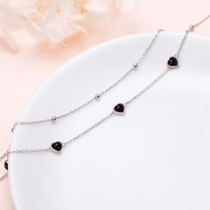 FLYOW Anklet for Women S925 Sterling Silver Adjustable Foot Beaded Heart Charm Ankle Bracelet Anklets Jewelry