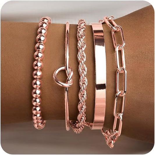 Gold Bracelets for Women Non Tarnish, 14K Gold Plated Chunky Cuff Bracelet Gold Bangles Bracelet for Women Trendy Tie Knot Cuban Rope Paperclip Beaded Bracelet Stack Jewelry Gifts