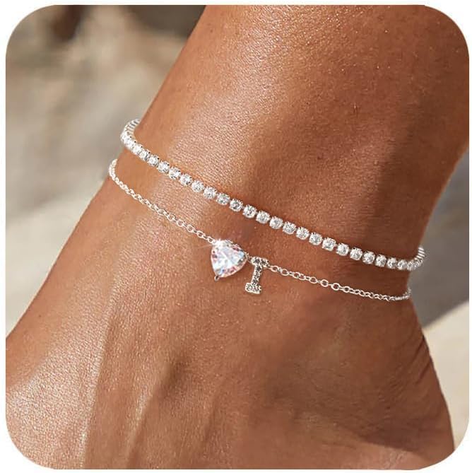 Heart Initial Silver Anklets for Women Waterproof Dainty Silver Plated ankle bracelets for women Large Ankle Women's Anklets Tennis ankle bracelets Non Tarnish Summer Beach Foot Jewelry