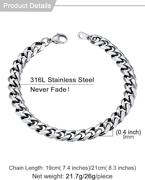 U7 Link Bracelets for Men, Cuban Link/Rope/Watch Band Solid Bracelet, Silver Black Gold Color Wrist Bracelet 3/6/9/12/15mm Width, 6.5/7.5/8.3 Inch Length, Hand Chain Jewelry for Mens Women