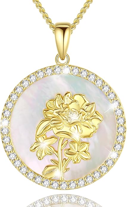 AGVANA Valentines Day Gifts Sterling Silver Birth Flower Necklace for Women Genuine Mother of Pearl CZ Round Disc Pendant Necklace Fine Jewelry Anniversary Birthday Gifts for Women Wife Mom Her