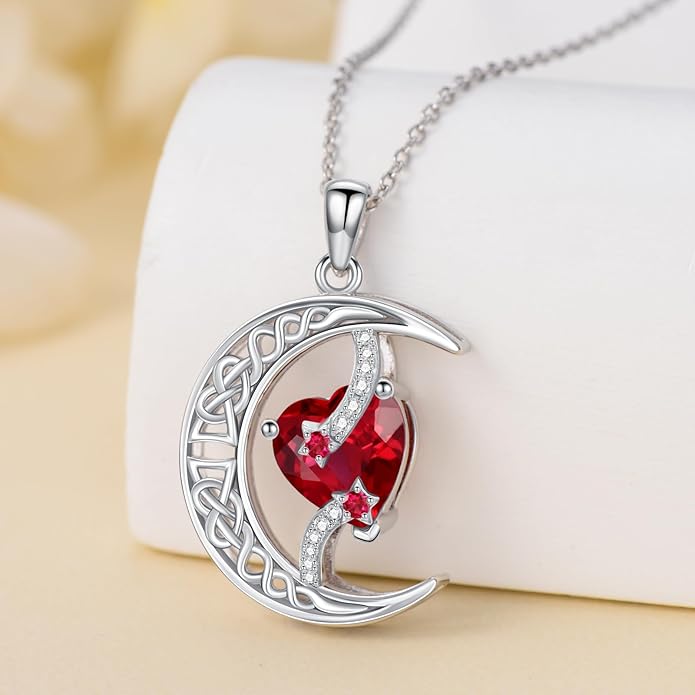 TOUPOP Moon and Star Birthstone Necklace for Women 925 Sterling Silver Celtic Moon Jewelry Birthday Christmas Gifts for Her Girlfriend