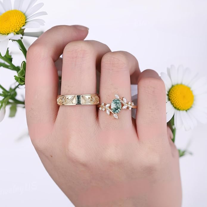 Moss Agate Promise Rings for Couples, 925 Sterling Silver/10K 14K 18K Solid Gold Natural Moss Agate Wedding Rings for Him And Her, Vintage Leaf Matching Couple Rings Anniversary Jewelry Gift