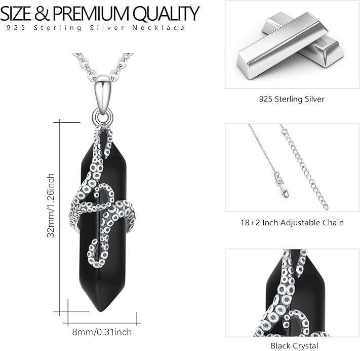 OHAYOO Octopus Tentacles Necklace 925 Sterling Silver Octopus Pendent Necklace Wrapped Obsidian Octopus Jewelry Gifts for Women