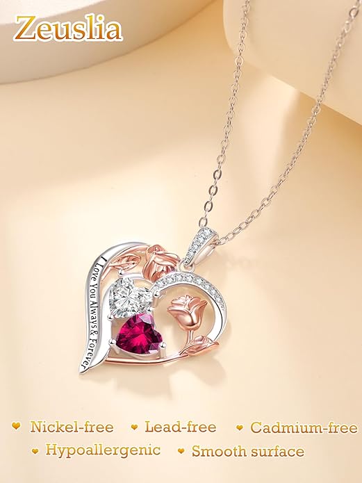 Zeuslia Double Birthstone Necklace Gifts for Wife - 925 Sterling Silver Sunflower/Rose/Crown Cross/Compass/Heart Pendant I Love You Necklace, Anniversary Birthday Gifts for Wife Girlfriend Mom Her