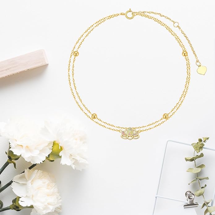 Solid 14K Gold Lotus Anklet for Women,14kt Real Gold Layered Beaded Opal Lotus Ankle Foot Beach Jewelry Gifts for Mother Wife Mom Sisters Birthday Anniversary,8+1+1 inch